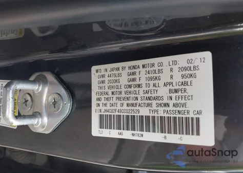 2012 Acura Tsx 2.4 from USA, damaged, VIN JH4CU2F48CC022529
